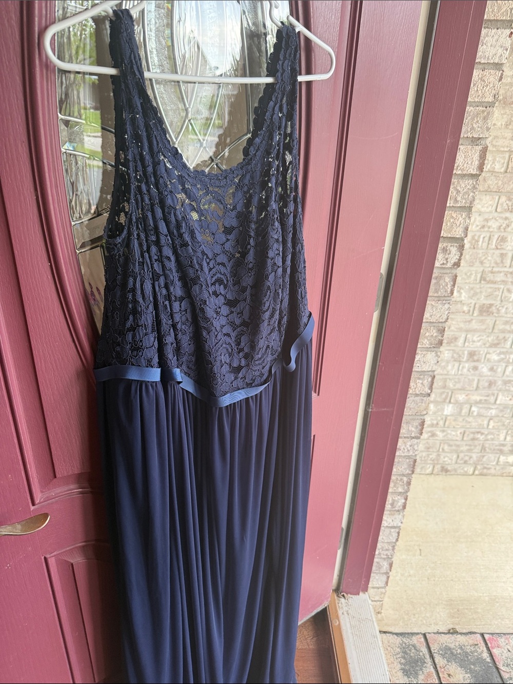 David's Bridal Navy Lace Bodice Maxi Dress with Ribbon Trim